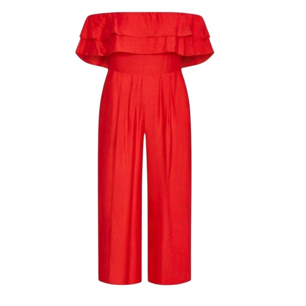 City Chic Womens Jumpsuit M Poppy Red Ruffle Off The Shoulder Pockets